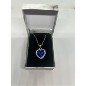 Blue Heart Pendant Necklace Crystal Rhinestone Silver Tone